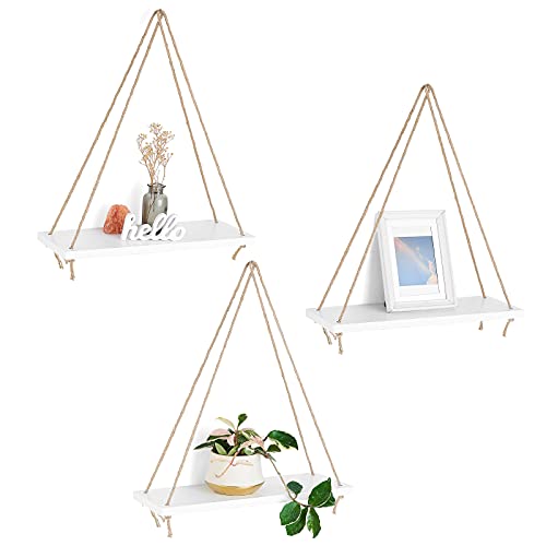 Mkono Wood Hanging Shelves for Wall Boho Decor Swing Rope Rustic Floating Shelf, Set of 3 Wall Display Shelving Home Organizer Rack for Living Room Bedroom Bathroom Kitchen,White - color: Ivory
