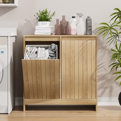 Smuxee Double Tilt Out Laundry Hamper Cabinet, Hidden Laundry Cabinet with Double Baskets, Natural Trash Can for Bathroom, Kitchen, Living Room
