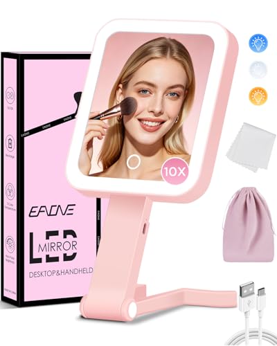 EAONE Magnifying Mirror with LED Light, Double Sided Travel Makeup Mirror 10X/1X with Storage Bag, 3 Color Lighting & Dimmable Touch Screen for Trip, Desk, Bathroom (10.3 x 5.2IN)- Pink - color: Pink