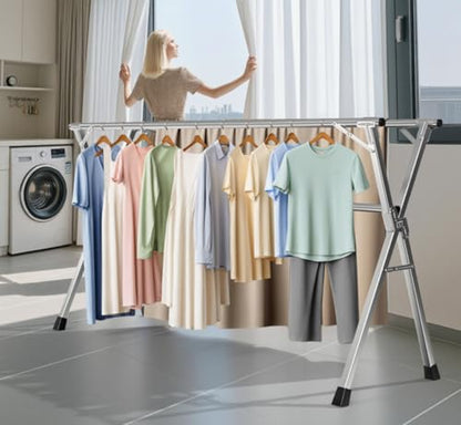 79 Inches Heavy-Duty Stainless Steel Folding Clothes Drying Rack Clothing Indoor Outdoor Anti-Rust 20 Windproof Hooks Portable & Foldable Laundry Rack (79'') - size: 79''