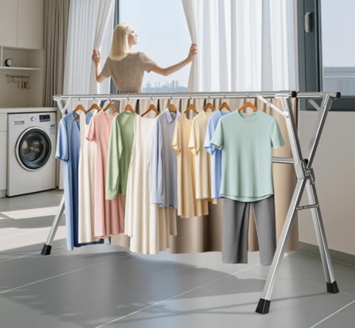 79 Inches Heavy-Duty Stainless Steel Folding Clothes Drying Rack Clothing Indoor Outdoor Anti-Rust 20 Windproof Hooks Portable & Foldable Laundry Rack (79'') - size: 79''