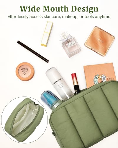 oscaurt 2 Pcs Makeup Bag Travel Toiletry Bag for Women Puffy Padded Cosmetic Pouch Purse Wide-open Makeup Organizer Case Travel Essentials - color: Army Green-Set