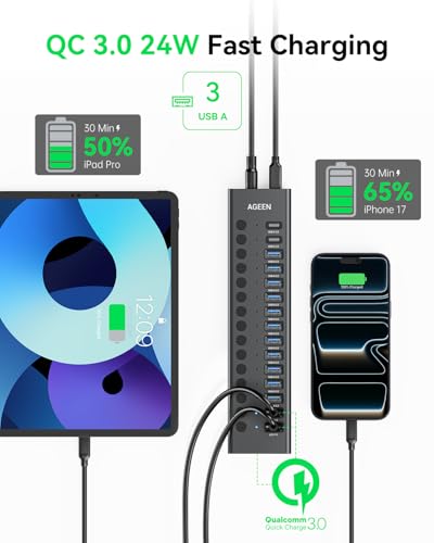 AGEEN 16-Port Powered USB 3.2 Hub-10Gbps SuperSpeed Data Splitter with 2 USB-C & 11 USB-A Ports, 3 x 24W QC 3.0 Fast Charging Ports, Individual On/Off Switches, 96W Power Adapter for Laptop, PC - size: 16-Port (10Gbps)