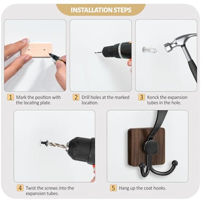 VIS'V Coat Hooks Wall Mount, Wooden Coat Hanger Hooks for Entryway Doorway, Brown, 4 Pcs - color: Brown