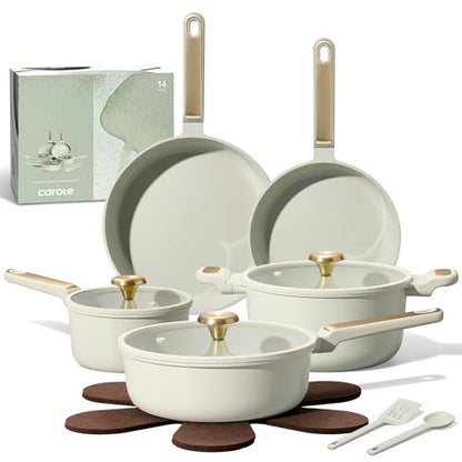 CAROTE Ceramic Cookware Set Nonstick, 14pcs Pots and Pans Set Nonstick, Non-Toxic & PFAS-Free, Dishwasher, RV/Camping Cookware Set, Cooking Pots with Lids, Sage Green - color: Green, size: 14 Piece