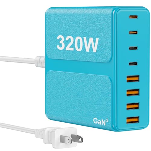 320W USB C Charger Block, 8-Port USB C Charging Station PD 65W PC Laptop Fast Charger Adapter for MacBookPro/Air,DELL,iPad,Portable Charging Station for iPhone,Samsung Galaxy (Blue) - color: Blue