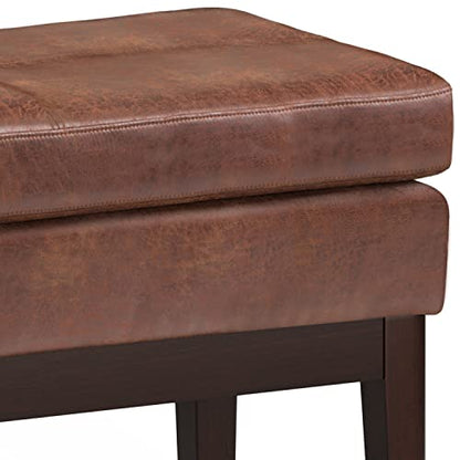 SIMPLIHOME Carlson Small Ottoman Bench - 27 inch Wide Upholstered Woven Fabric Rectangle Ottoman in Distressed Saddle Brown, Mid Century Modern Bench for Bedroom or Living Room with Padded Seat - color: Distressed Saddle Brown, style: Small Ottoman Bench