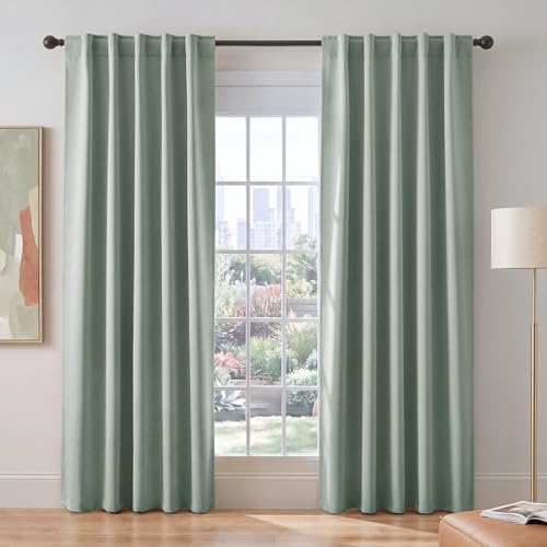 PONY DANCE Sage Green Blackout Curtains for Bedroom Living Room 84 Inches Long 2 Panels, Thermal Insulated Room Darkening Drapes Solid Back Tab Window Treatments, W 42 x L 84 inch - color: Sage Green, size: 42"W x 84"L (Pack of 2)