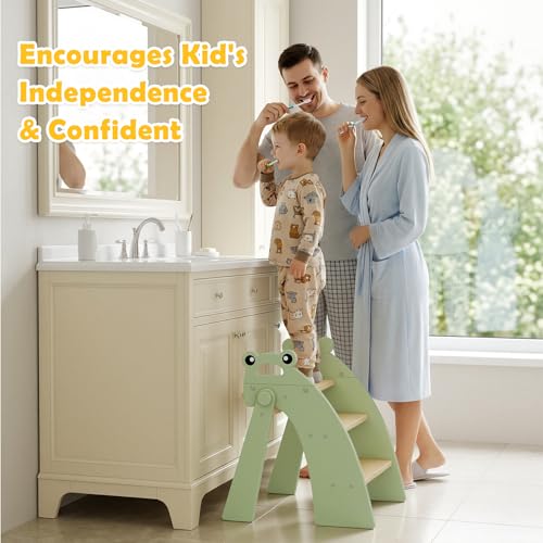Wooden 3 Step Stool for Kids Bathroom Sink Foldable Anti-Slip, Child Stepping Stool for Bedroom - color: Green Frog