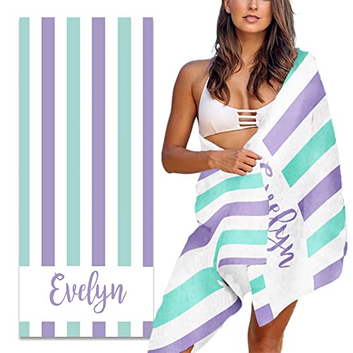 MeMoShe Personalized Beach Towel with Name Custom Microfiber Kids Beach Towels Sand Free Quick Dry Pool Towel Blanket Stripes Print Beach Towels for Adults 30x60 Inch - color: Multi-color 5