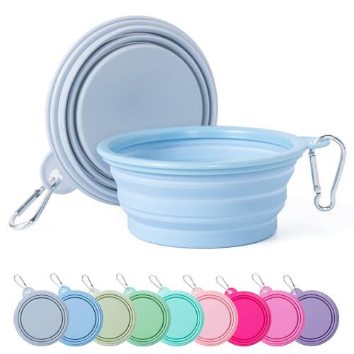 SLSON Collapsible Dog Bowl Silicone, 2Pack Macaron Color Pet Travel Bowls Foldable Water Feeder Dish for Small to Large Dogs Cat Walking Hiking Camping (Macaron Blue and Light Grey, Small) - color: Macaron Blue and Light Grey, size: Small