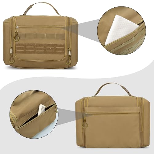 Tactical Toiletry Travel Bag for Men, Hanging Dopp Kit Hygiene Bag Shower Organizer with Hook for Toiletries and Shaving Care, Khaki (Empty Bag) - color: Khaki