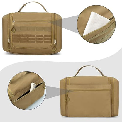 Tactical Toiletry Travel Bag for Men, Hanging Dopp Kit Hygiene Bag Shower Organizer with Hook for Toiletries and Shaving Care, Khaki (Empty Bag) - color: Khaki