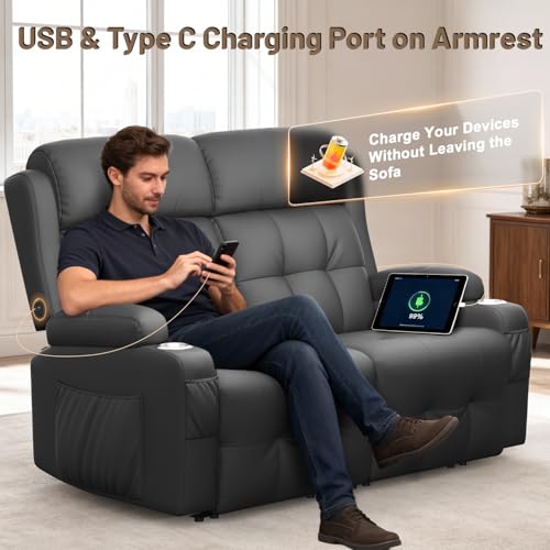 Reclining Loveseat, 55.1" RV PU Leather Wall Hugger Recliner Love Seats Sofa with Charging Station, Removable Armrest, Cup Holder, Double Recliners Couch, Manual Love Seat for Living Room - color: Dark Gray, size: Hera - Loveseat