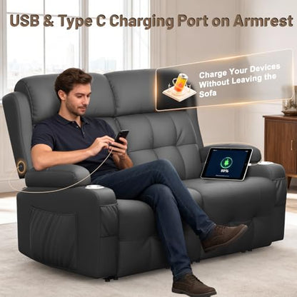 Reclining Loveseat, 55.1" RV PU Leather Wall Hugger Recliner Love Seats Sofa with Charging Station, Removable Armrest, Cup Holder, Double Recliners Couch, Manual Love Seat for Living Room - color: Dark Gray, size: Hera - Loveseat