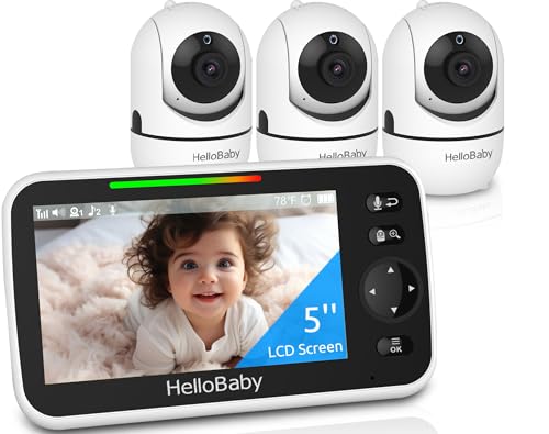 HelloBaby HB6550 5" Baby Monitor 3 Cameras, 26-Hour Battery, Pan-Tilt-Zoom,1000ft Range Video Audio Baby Monitor No WiFi, ECO, Night Vision, 2-Way Talk, 8 Lullabies and Temperature, Ideal Gifts - size: 3 Cams-HB6550