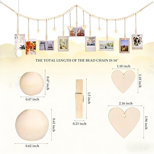 1 Pack Hanging Photo Display with Clips, Photo String with Clips, Boho Wall Decor Wooden Beads Garland with 9 Clips for Living Room, Bedroom, Dorm, Classroom (1Pack)