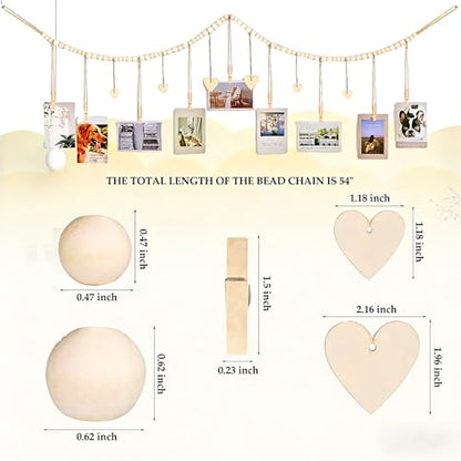 1 Pack Hanging Photo Display with Clips, Photo String with Clips, Boho Wall Decor Wooden Beads Garland with 9 Clips for Living Room, Bedroom, Dorm, Classroom (1Pack)