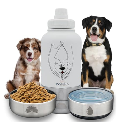 INSIPRA 32oz Dog Water Bottle with Food & Water Bowls – 3-in-1 Portable Pet Travel Bottle with Magnetic Phone Holder, Leakproof, BPA Free, Insulated - color: WHITE