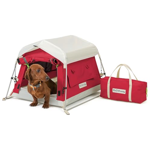 Dog Tent Cotton Fabric, Aluminum Poles and Camping Mat, Outdoor Weatherproof, Dog House Outdoor, Breathable with 2 Side Windows, Portable and Collapsible (Red, Small) - color: Red, size: Small, 24.4''L x 19.7''W x 16.5''H
