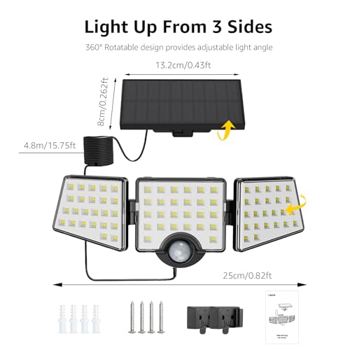 Lepro Solar Lights for Outside, WL5000 Motion Activated Security Lights, Separate Solar Panel, 3 Adjustable Head 270° Wide Lighting Angle, IP65 Waterproof Wall Lamp for Porch Yard Garage