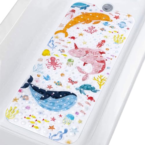 Topotdor Baby Bath Mat for Tub for Kids, 40 X 16 Inch Extra Long Toddler Bathtub Mat Non Slip, Machine Washable Bathroom Shower Floor Mat with Suction Cups & Drain Holes, Sea Animal - color: Sea Animal