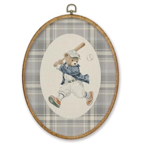 CGBHW Vintage Baseball Bear Nursery Oval Wall Art Decor Products, Baseball Bear Canvas Prints Framed, Neutral Gingham Sports Wall Art Hanging Decor for Home Kids Boy Nursery Room Bedroom Playroom, 8.6x11.4 Inch - color: Colour17
