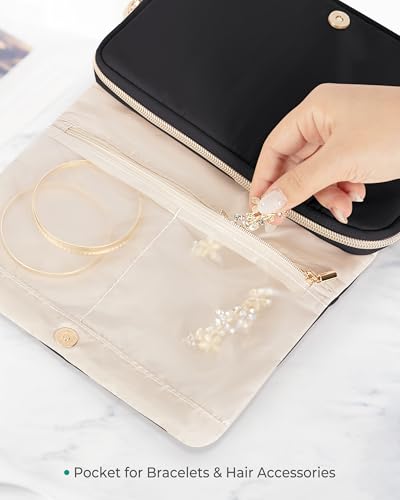 Marscamd Travel Jewelry Organizer Case for Women, Foldable Jewelry Bag for Earrings, Rings, Necklaces, Bracelets, Brooches, Black - color: Black