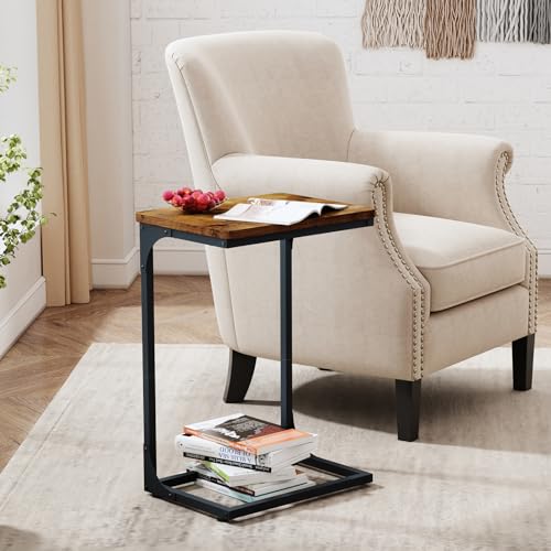QEEIG C Shaped Side Table Set of 2 Living Room Sets Couch Tray Tables Small Farmhouse 15.7 inch Width, Rustic Brown (017-40BN) - color: A. Brown, size: 15.7" Width