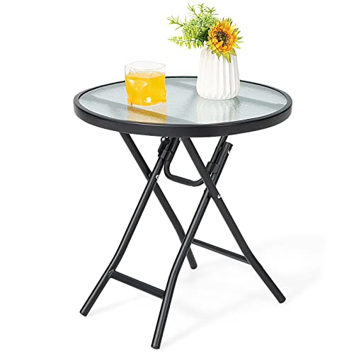 Giantex Folding Side Table, Round Small Patio Table, Tempered Glass Tabletop, Steel Frame, Weather-Resistant Outdoor Indoor Use for Bistro Porch Garden Balcony (Classic Round, 18"x18"x18.5") - color: Semitransparent & Black, size: 18" x 18" x 18.5", style