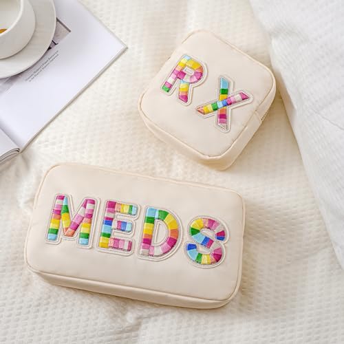 2Pcs Chenille Letter Patch Nylon Medicine Makeup Bag Set,Cute MEDS Travel Makeup Bag with Metal Zipper, First Aid Purse Organizer Cosmetic Bag for Women and Girls(MEDS and RX) - color: 05MEDS and RX