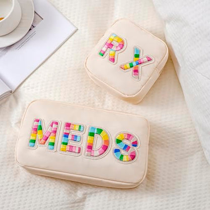 2Pcs Chenille Letter Patch Nylon Medicine Makeup Bag Set,Cute MEDS Travel Makeup Bag with Metal Zipper, First Aid Purse Organizer Cosmetic Bag for Women and Girls(MEDS and RX) - color: 05MEDS and RX