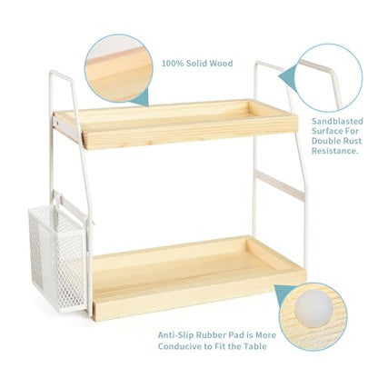 Bathroom Counter Organizer, 2-Tier Standing Storage Shelf with Basket, Wood Tray for Skincare Vanity Organizer(White) - style: 2 Tier White