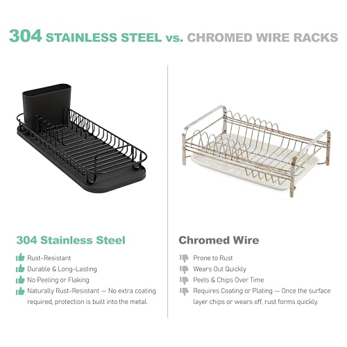 SunnyPoint 304 Stainless Steel NeverRust Compact Dish Drying Rack with Utensil Holder & Removable Drain Tray, Rustproof Small Dish Rack for Kitchen Countertop or Over Sink – Black - color: Blk