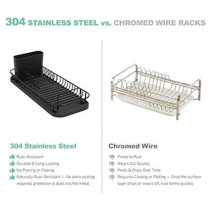 SunnyPoint 304 Stainless Steel NeverRust Compact Dish Drying Rack with Utensil Holder & Removable Drain Tray, Rustproof Small Dish Rack for Kitchen Countertop or Over Sink – Black - color: Blk
