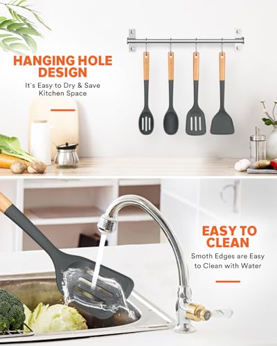 Silicone Cooking Utensils Set, Perfectly Angled for Frying, Mixing,Serving,Draining,Turning and Stirring, BPA-Free Matte Silicone, Wood Handles, Safe for Nonstick Cooking Surfaces,4 Pack (Grey) - color: Gray