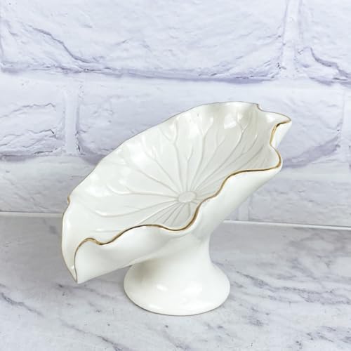 Ceramic Soap Holder, Lotus-Leaf Shape Soap Dish, Delicated Self Draining Sponge Holder for Bathroom Kitchen, Portable Home Soap Saver(White/Green)(White)