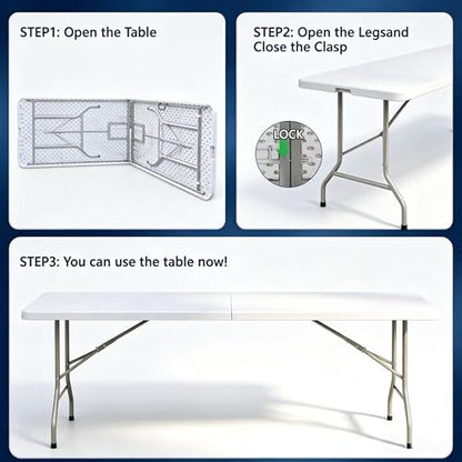 8ft Folding Table, Heavy Duty Plastic Table with Handle, White | Foldable Spacious Tabletop, Extra Large, Portable for Indoor & Outdoor Use, for Camping, Picnic, Wedding, Party, Gathering - size: 8FT