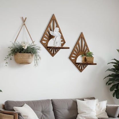 Menkxi 2 Pcs Boho Floating Shelves Wood Bohemian Decorative Display for Plants and Candles Boho Wall Art for Bedroom Living Room Bathroom Mini Mounted Plant Decor 14.17 x 10.63 Inch(Diamond)