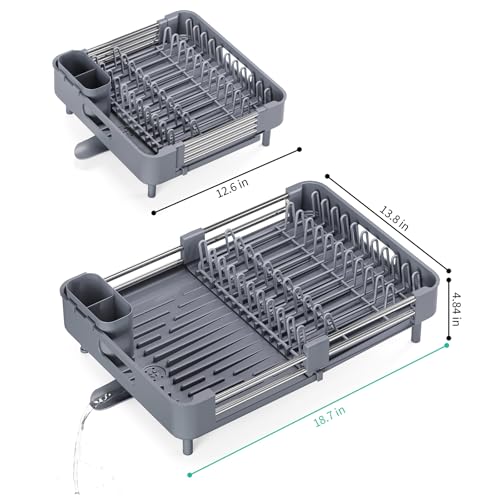 TOOLF Dish Drying Rack, Expandable Dish Rack for Kitchen Counter, Anti-Rust Dish Drainer, Sink Organization and Storage Essentials with Cutlery & Cup Holder, Gray - color: Gray
