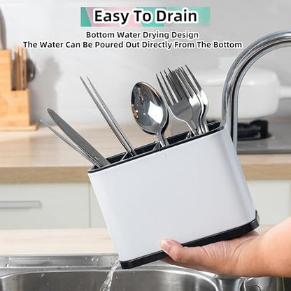 LIBODOUR Utensil Holder,Stainless Steel Caddy Counter,Spoon holder,4 Compartments Silverware Caddy,Capacity Flatware Spoon Fork Tool Cutlery Holder（White） - color: white