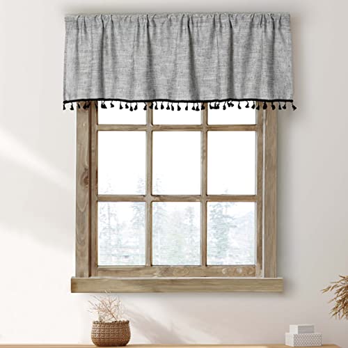 2 Pack Boho Tassel Kitchen Valances for Windows Modern Farmhouse Cotton Linen Valance Curtains Topper Country Rustic Bathroom Small Window Treatment Bohemian Decor (55x15 inch, Grey) - color: Grey, size: 55"W x 15"L (Pack of 2)
