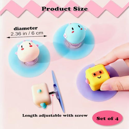 Multi-Purpose 3D Adhesive Hooks - Set of 4 Cartoon Hooks, Door Stopper, Sliding Door Handle, Drawer Pull & Toilet Lid Lifter, No Drill Decorative Wall Hooks for Kitchen, Bathroom, Door, Cabinet