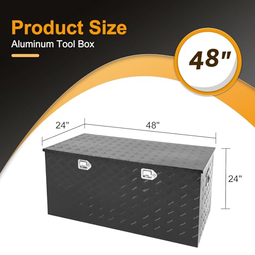 Black 48 Inch Truck Chest Tool box Heavy Duty Aluminum Stripes Plated Pick Up Truck Bed Box RV Trailer Toolbox Storage Waterproof with Side Handle and Lock Keys –48"x24"x24" - color: Black, size: 48"x24"x24"