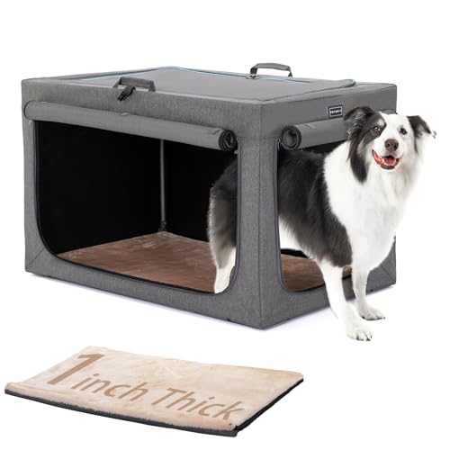 PETSFIT Portable Dog Crate for Medium Large Dogs, – 36" Soft Dog Travel Crates with Lockable Zippers & Thicken Mat, Adjustable Patented Spiral Steel Frame, Collapsible Kennel for Indoor & Outdoor - color: Grey(With Mat), size: 36.0"L x 24.0"W x 23.0"H