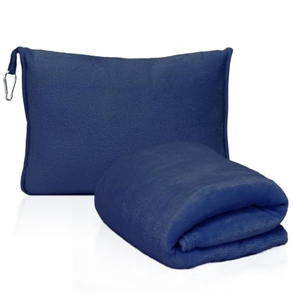 2-in-1 Convertible Travel Blanket & Pillow-Ultra Soft, Compact & Packable with Hand Luggage Sleeve and Backpack Clip for Flight & Car,Navy Blue
