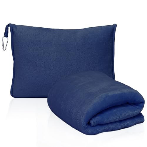 2-in-1 Convertible Travel Blanket & Pillow-Ultra Soft, Compact & Packable with Hand Luggage Sleeve and Backpack Clip for Flight & Car,Navy Blue
