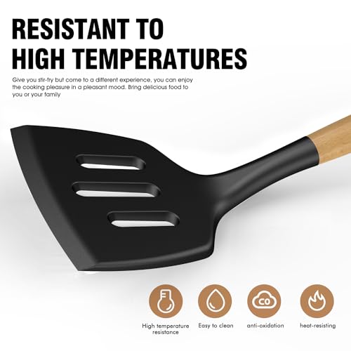 oannao Silicone Cooking Utensils Set Utensil Sets - 446°F Heat Resistant Silicone Kitchen Utensils Set Wooden Handles, Silicone Utensils for Cooking w Holder for Non-Stick Cookware BPA FREE (Black) - color: Black