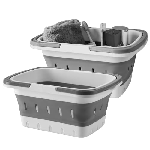 Portable Folding Plastic Bath Caddy with Handle, Perforated, Travel Bathroom Organizer for Bedroom, Bathroom, Shower, Dorm Room, Camping and RV Use (Grey, 2 pack) - color: Grey, size: 2 pack