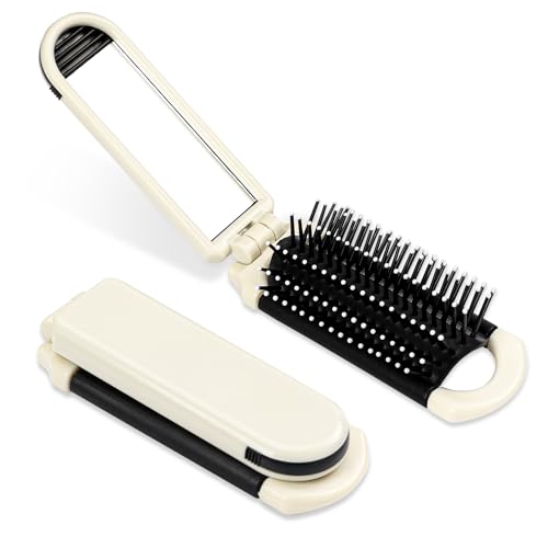 Foldable Travel Hair Brush With Mirror - Collapsable Pocket Size Mini Brush, Massage Comb, Compact Styling Tool for Gym, Trip, Purse, Swimming (1 Pack, Cream Color) - color: Cream